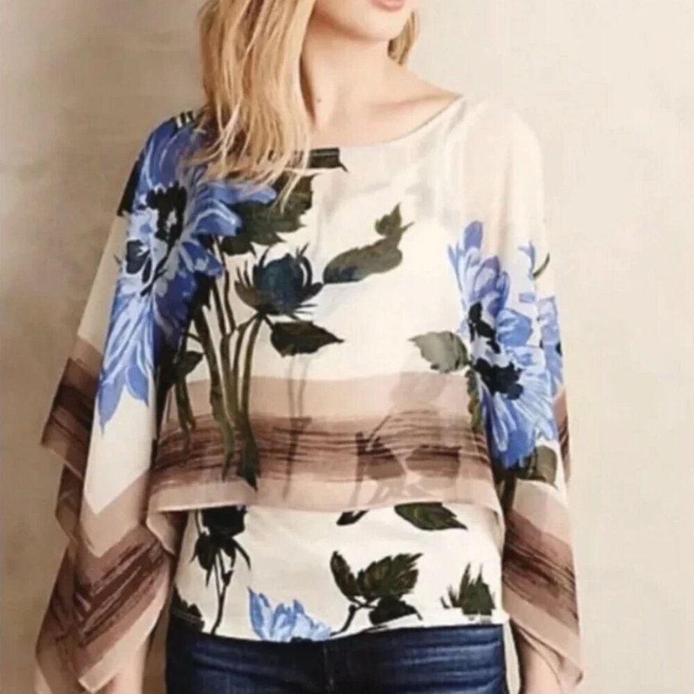 Anthropologie Tiny Abjure Floral Sheer Layered Poncho Blouse with Tank | Size XS